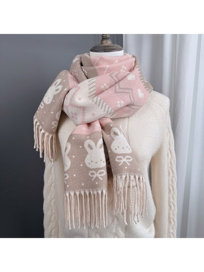 Scarvii - Cozy Bunny Motif Fringe Scarf