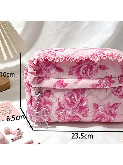 Cosbai - Ruffle Trim Floral Cosmetic Organizer Bag