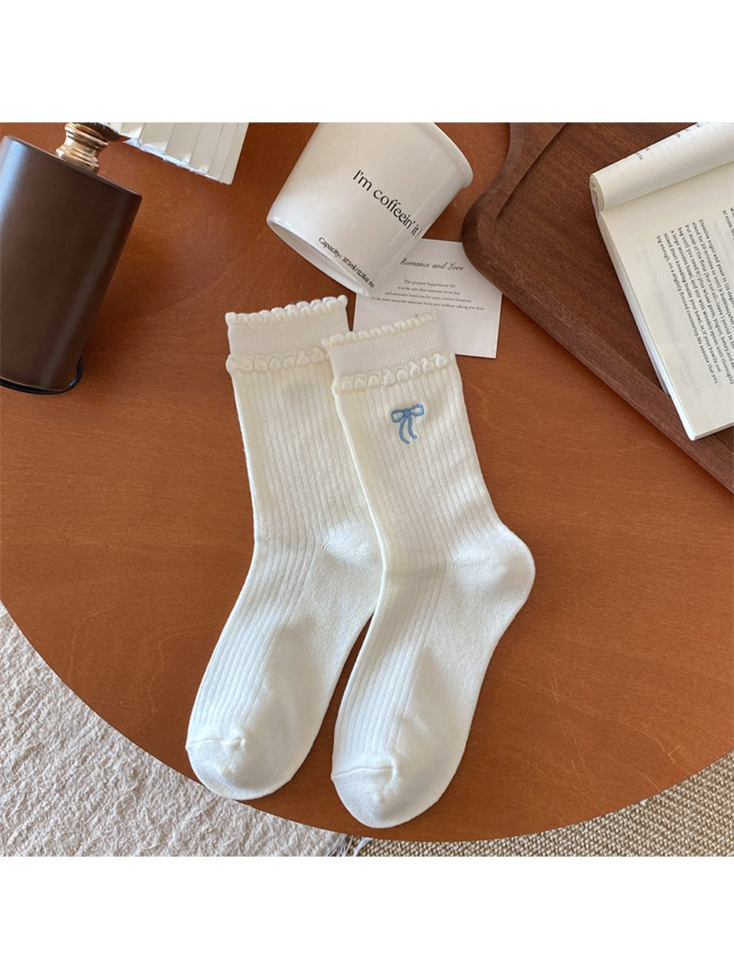 Rufia - Winter Mid-Calf Socks with Bow & Heart Print