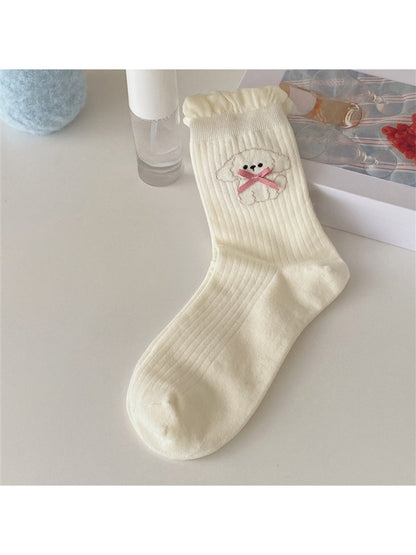 Rufia - Cute Dog Pattern Ruffle Trim Crew Socks