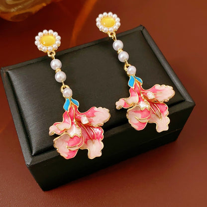Earwish - Vintage Pink Floral Long Earrings With Beads