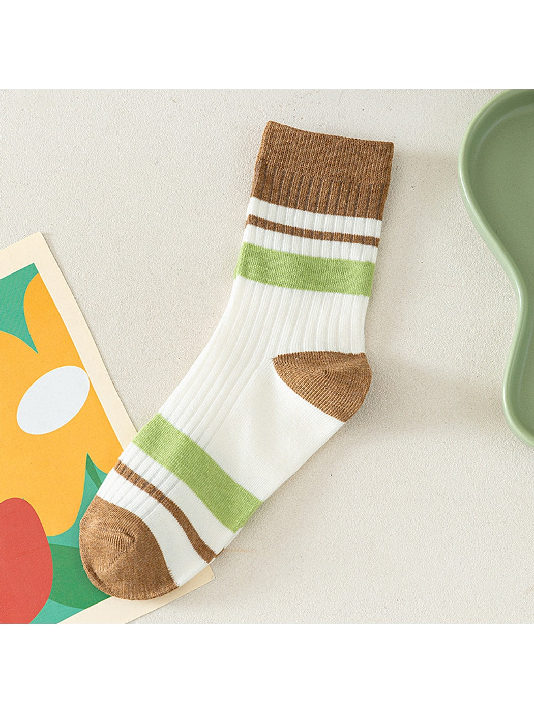 Rufia - Retro Brown Green Striped Crew Socks