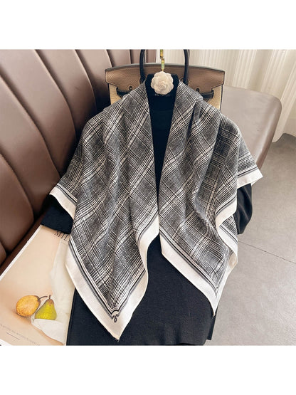 Scarvii - Retro Plaid Print Border Square Scarf