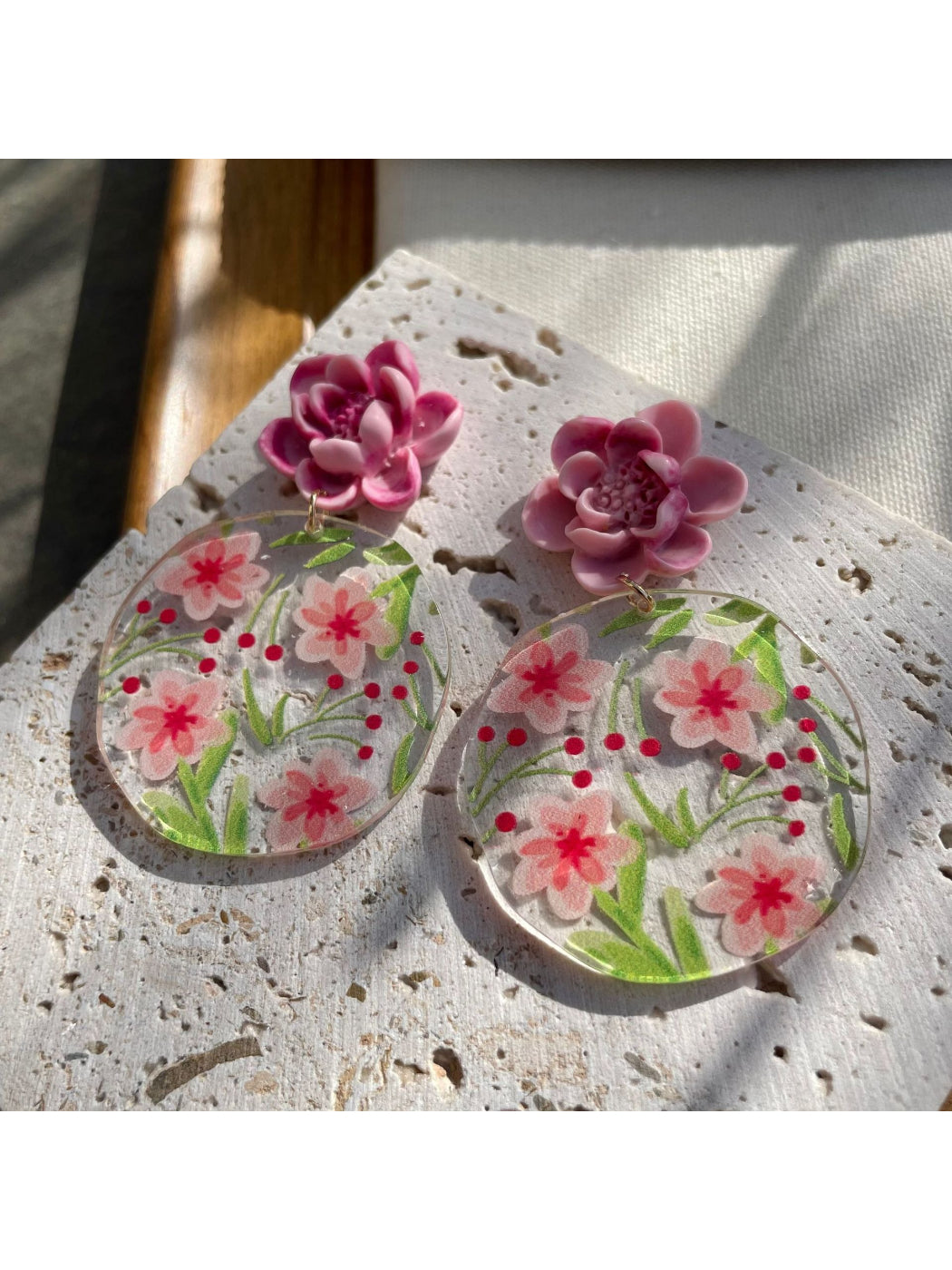 Earwish Garden Flower Disc Earrings in a gift box with floral wrapping paper