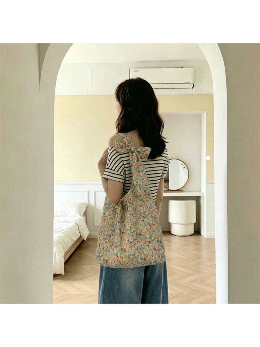 Interior view of Cosbai Ditsy Floral Bow Strap Tote Bag showing spacious