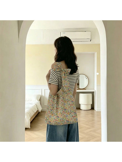 Interior view of Cosbai Ditsy Floral Bow Strap Tote Bag showing spacious