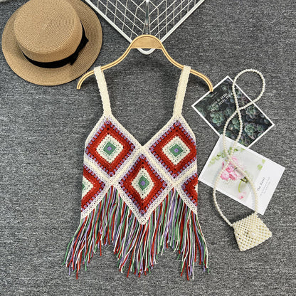 Crosa Checkered Bohemian Tassel Camisole Tank Top color options including BLACK, RED, WHITE