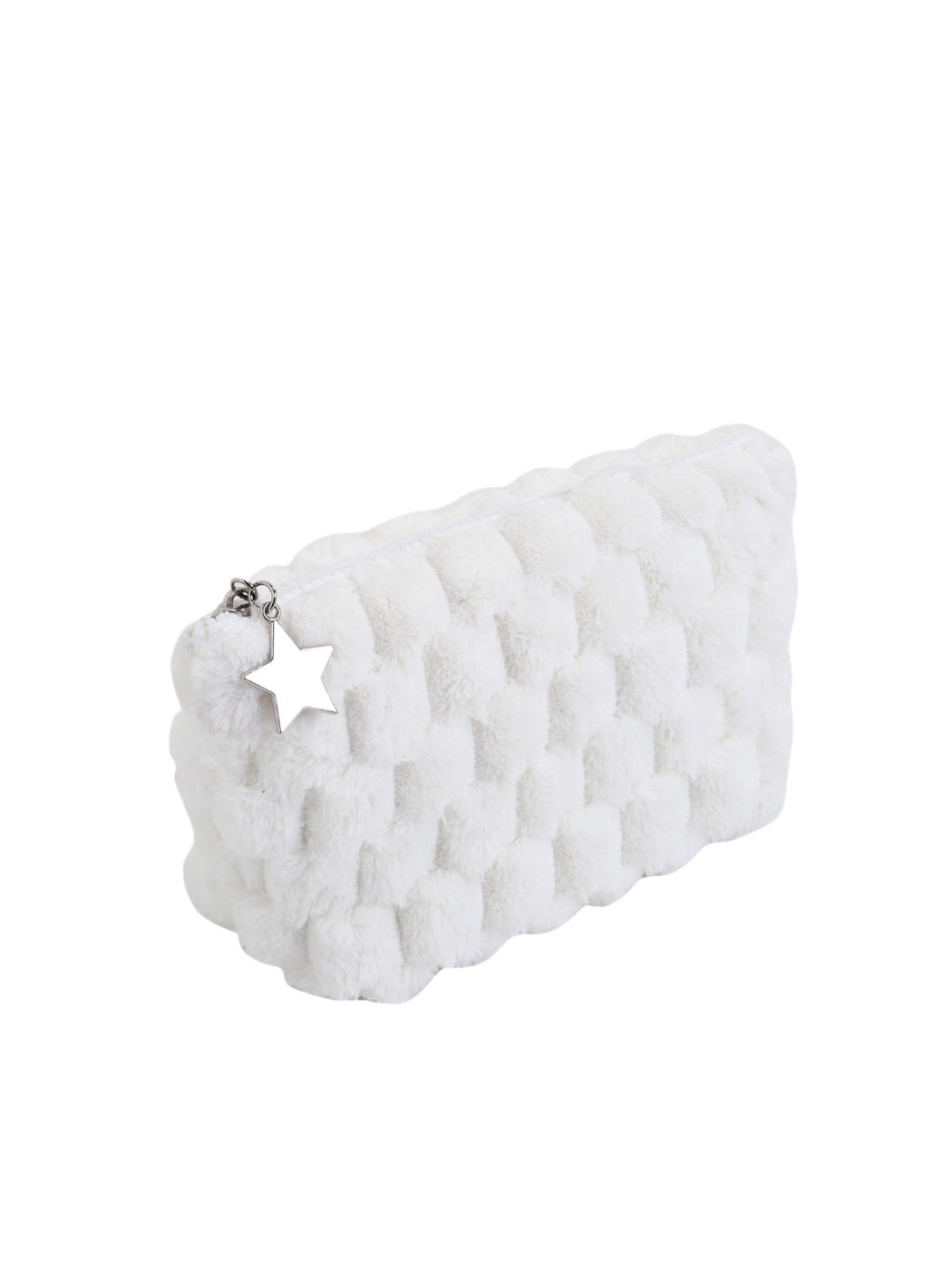 Cosbai fuzzy makeup pouch in light pink with star pendant on zipper pull