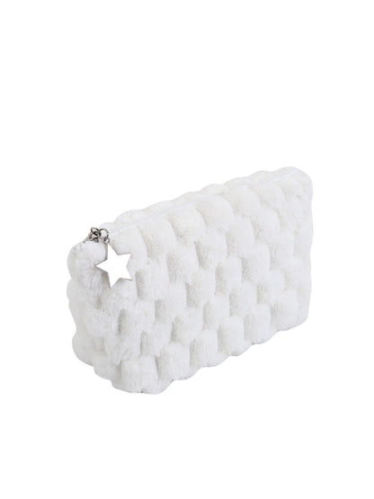 Cosbai fuzzy makeup pouch in light pink with star pendant on zipper pull