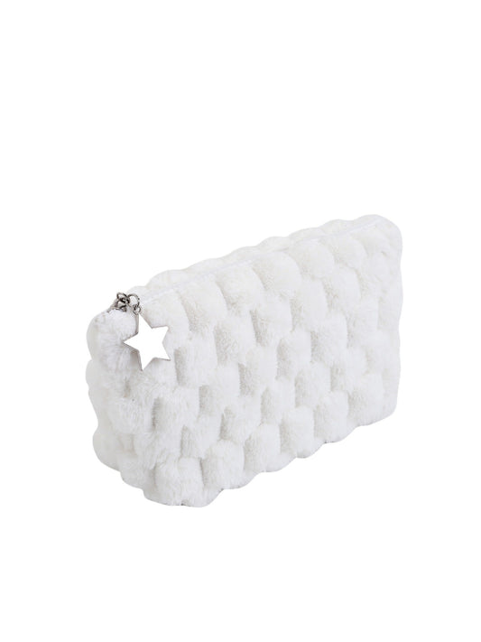 Cosbai fuzzy makeup pouch in light pink with star pendant on zipper pull