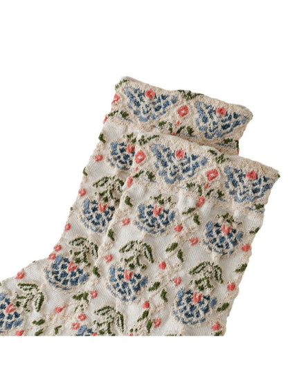 Rufia - Raised Floral Texture Crew Socks