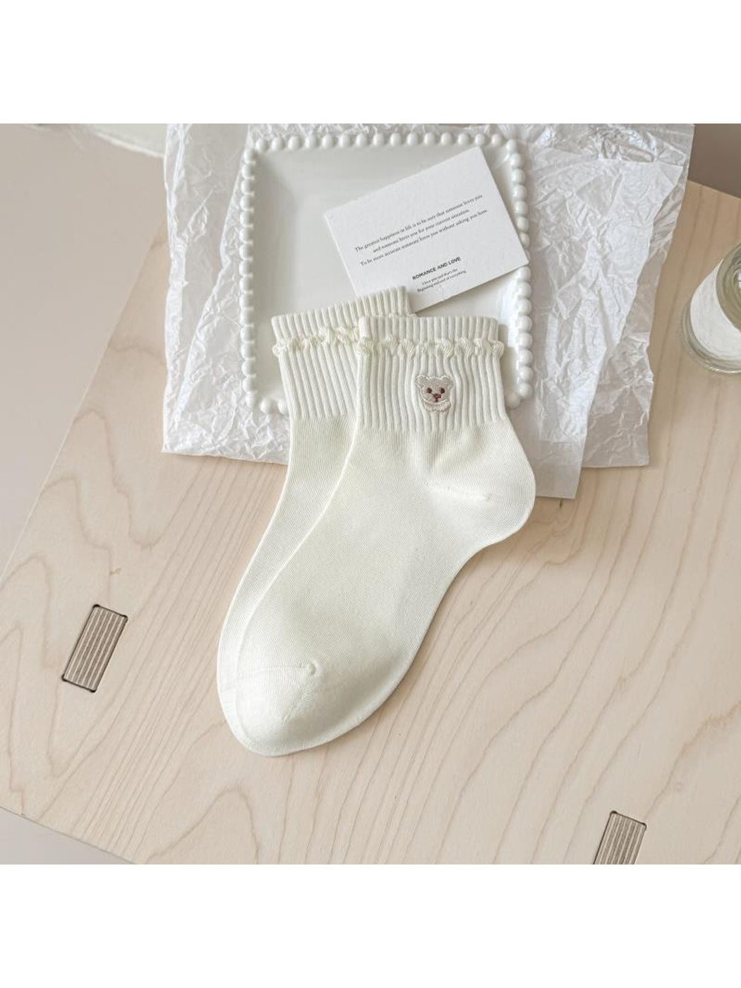 Rufia - Bear Embroidery Ribbed Ankle Socks