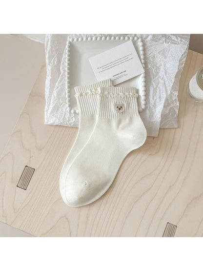 Rufia - Bear Embroidery Ribbed Ankle Socks
