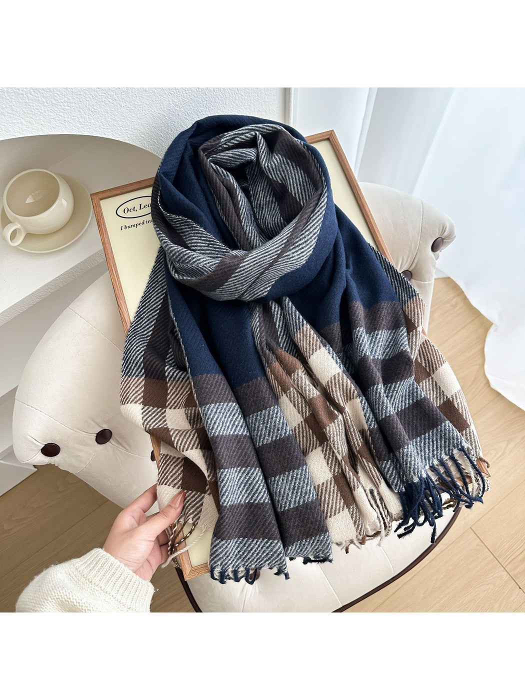 Scarvii - Checked Colorblock Tassel Shawl Scarf