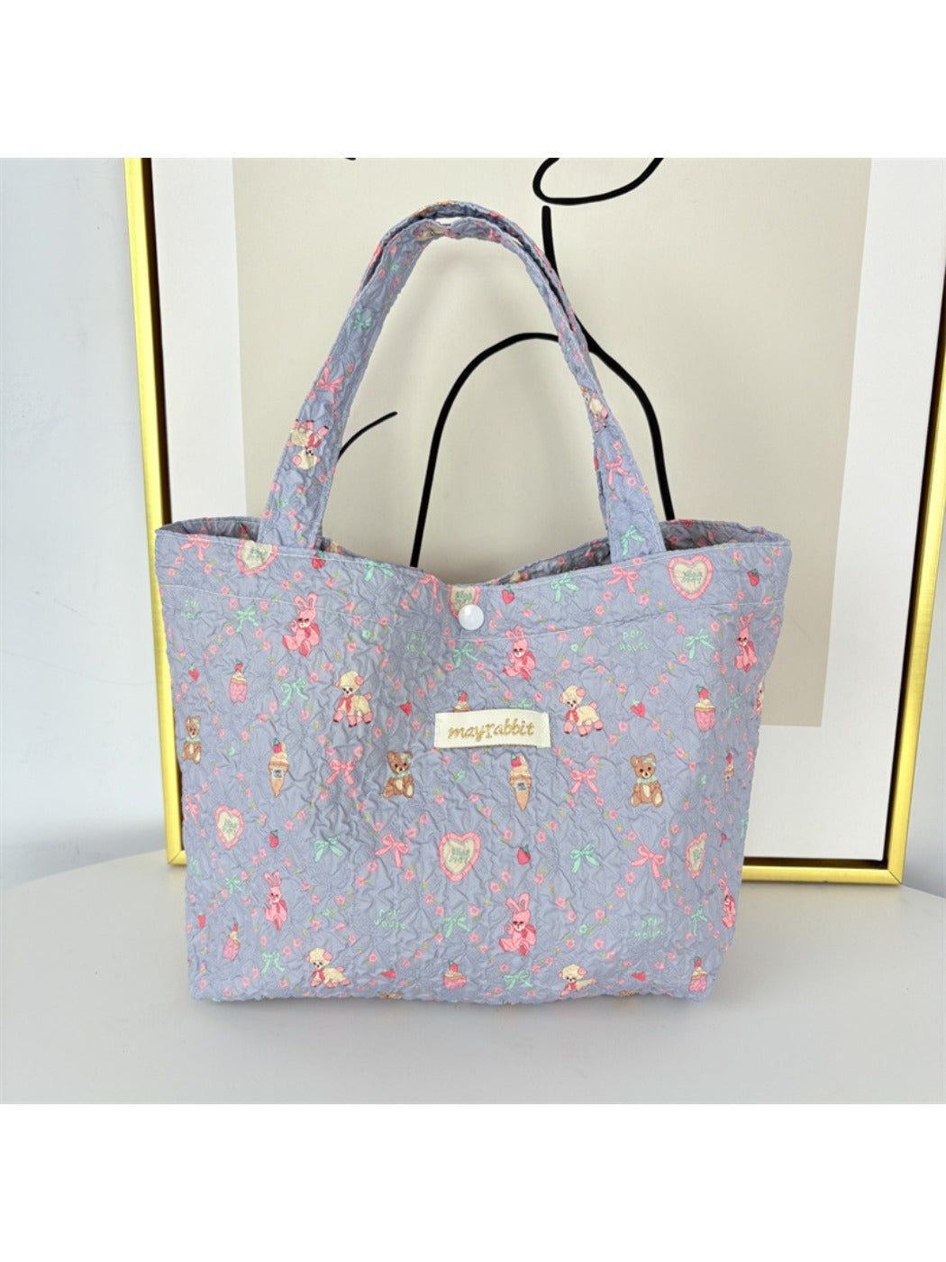 Cosbai – Quilted Floral & Bear Printed Tote Bag