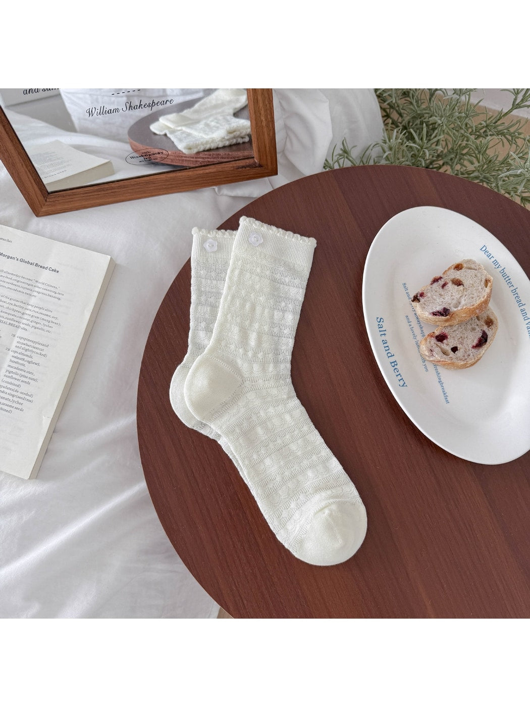Rufia - Flower Shaped Button Accent Solid Color Crew Socks
