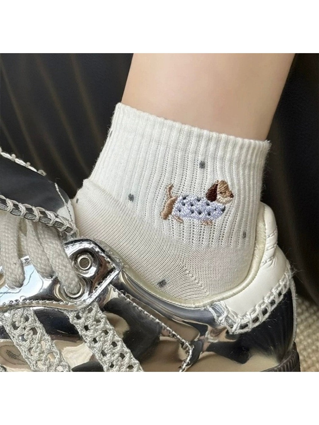 Rufia - Dog Embroidery Polka Dot Ankle Socks