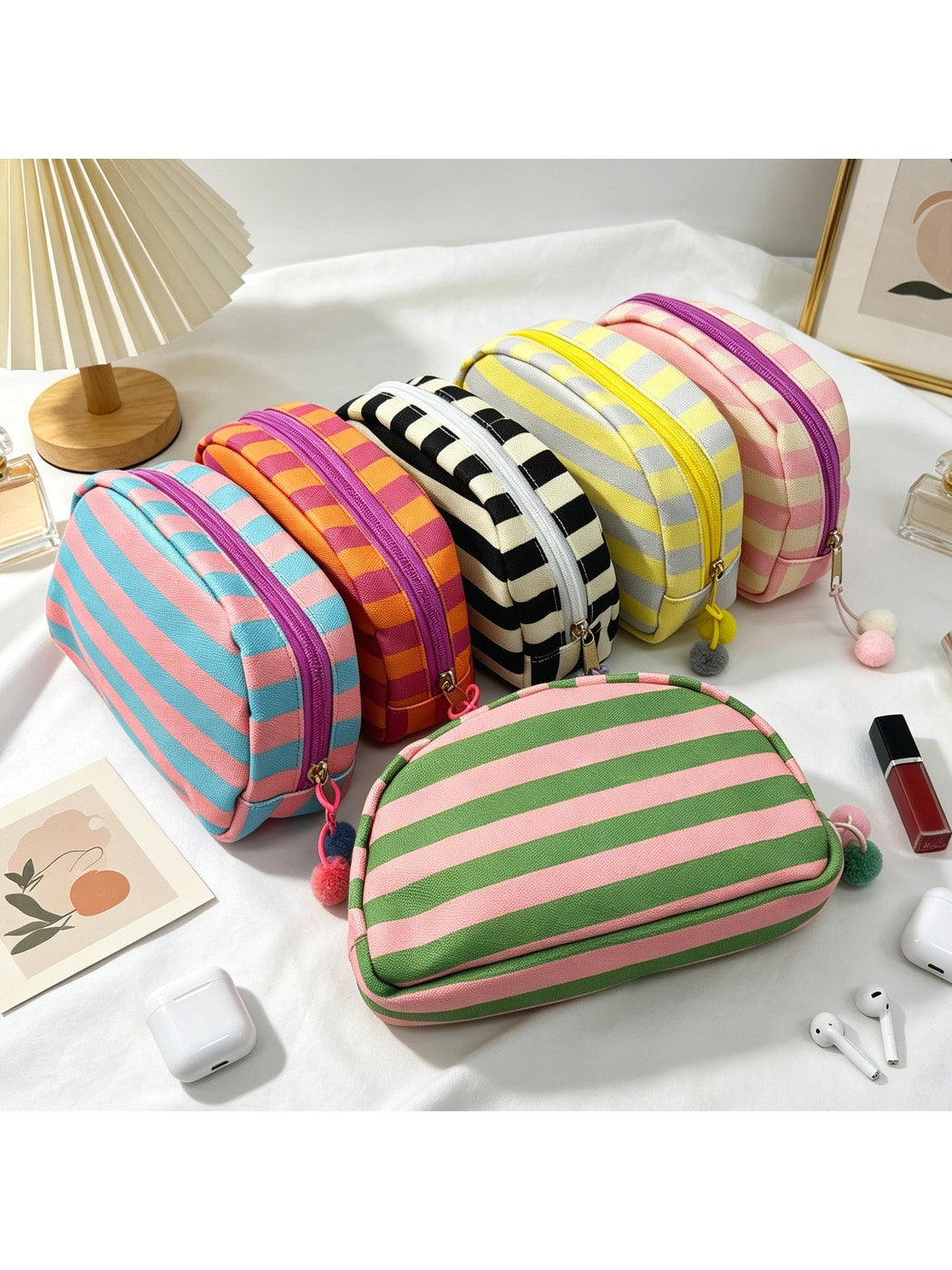 Cosbai - Striped Half-moon Cosmetic Organizer Bag