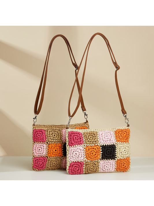 Cosbai crochet patchwork crossbody bag with colorful square patterns on a white background