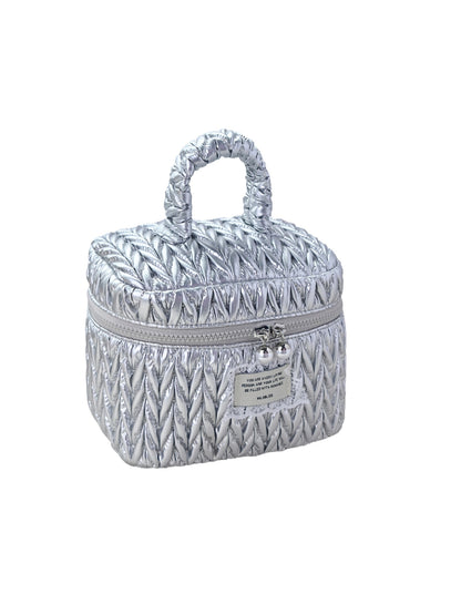 Cosbai - Shiny Quilted Cosmetic Bag with Handle and Charm