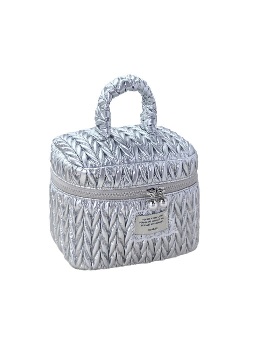 Cosbai - Shiny Quilted Cosmetic Bag with Handle and Charm