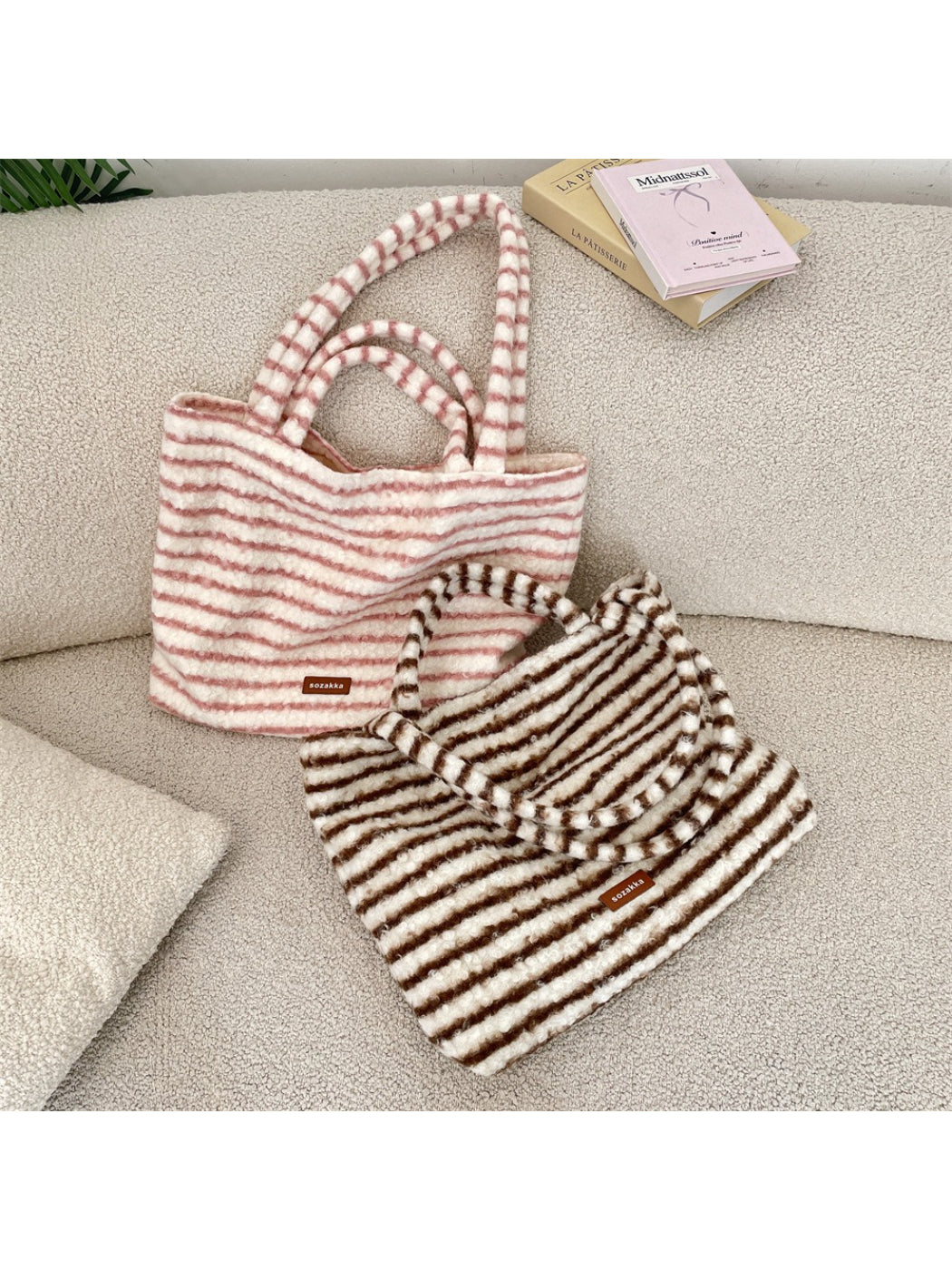 Cosbai - Soft Striped Fuzzy Shoulder Tote Bag