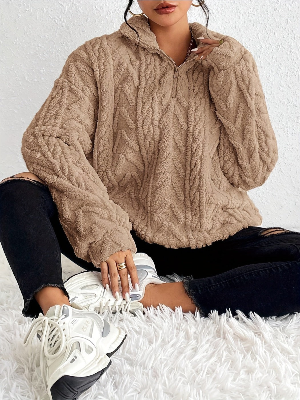 Crosa Casual Zip Pullover Sweatshirt for Women color options including Red, Khaki, Beige