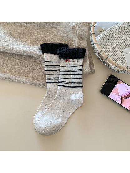 Rufia - Mushroom Label Plush Cuffs Striped Crew Socks