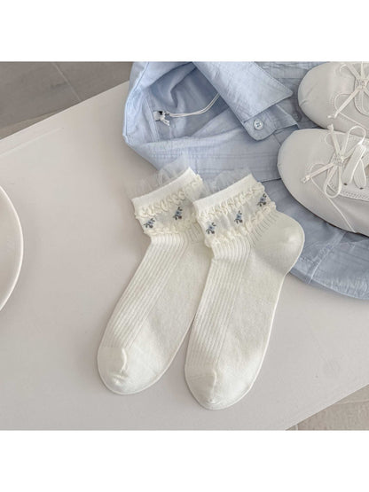 Rufia - Sweet Contrast Cuff Floral Ankle Socks