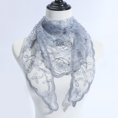 Haila veil scarf styled as a head wrap with rose vine lace detail
