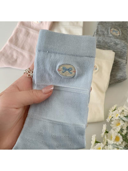 Rufia - Bow Embroidered Solid Color Crew Socks