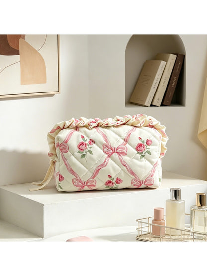 Cosbai - Ruffle Trim Quilted Cosmetic Organizer Bag
