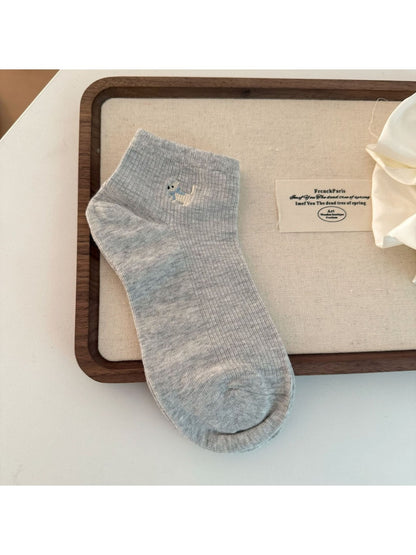 Rufia - Cute Dog Embroidery Solid Color Ankle Socks