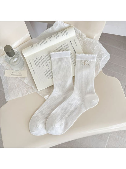 Rufia - Simple Bow Pattern Ribbed Crew Socks