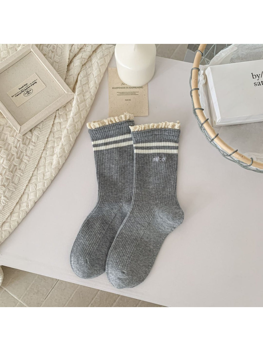 Rufia - Lace Trim Stripe Ribbed Crew Socks