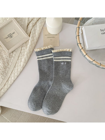 Rufia - Lace Trim Stripe Ribbed Crew Socks