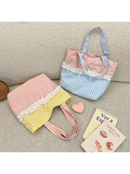 Cosbai - Lace Trim Gingham Tote Bag