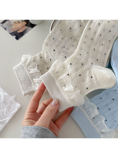 Rufia - Polka Dot Lace Trim Sweet Style Crew Socks