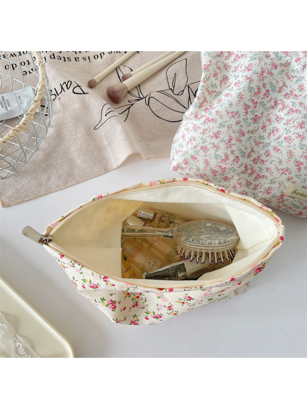 Cosbai Ditsy Floral Cosmetic Pouch folded flat showing back side floral design
