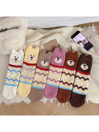 Rufia - Bear Face Zigzag Fuzzy Crew Socks