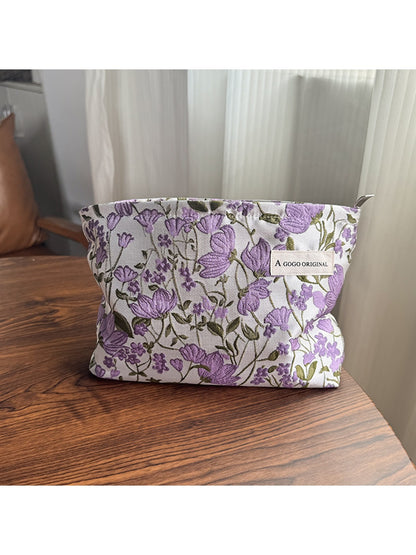 Cosbai - Purple Floral Zipper Cosmetic Organizer Bag