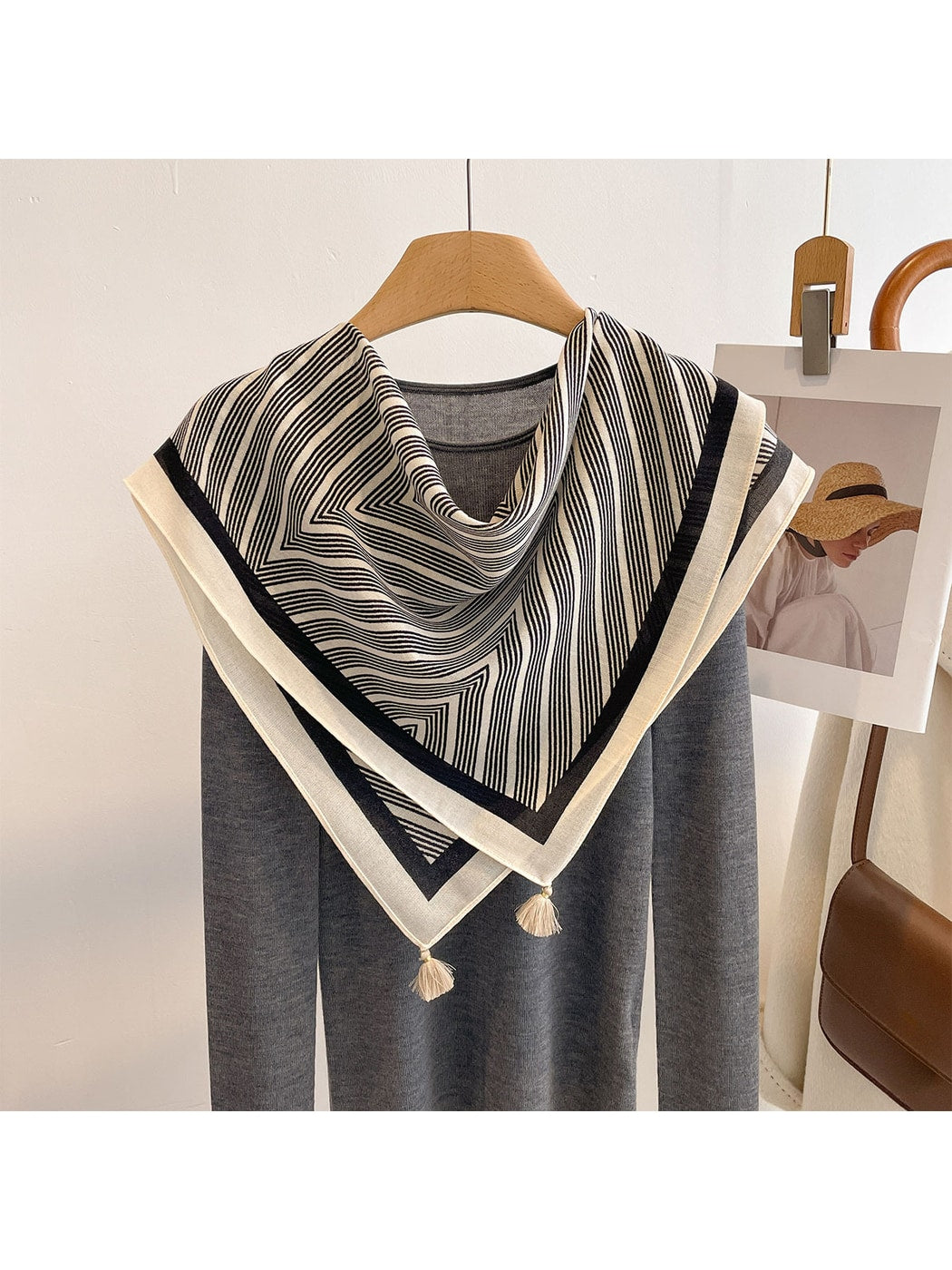 Scarvii - Geometric Line Print Tassel Square Scarf