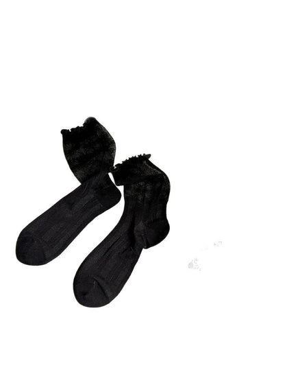 Rufia - Ruffle Trim Ribbed Solid Color Crew Socks