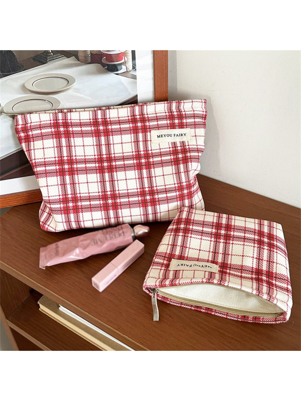 Cosbai red plaid cosmetic bag with a rectangular shape on a white background