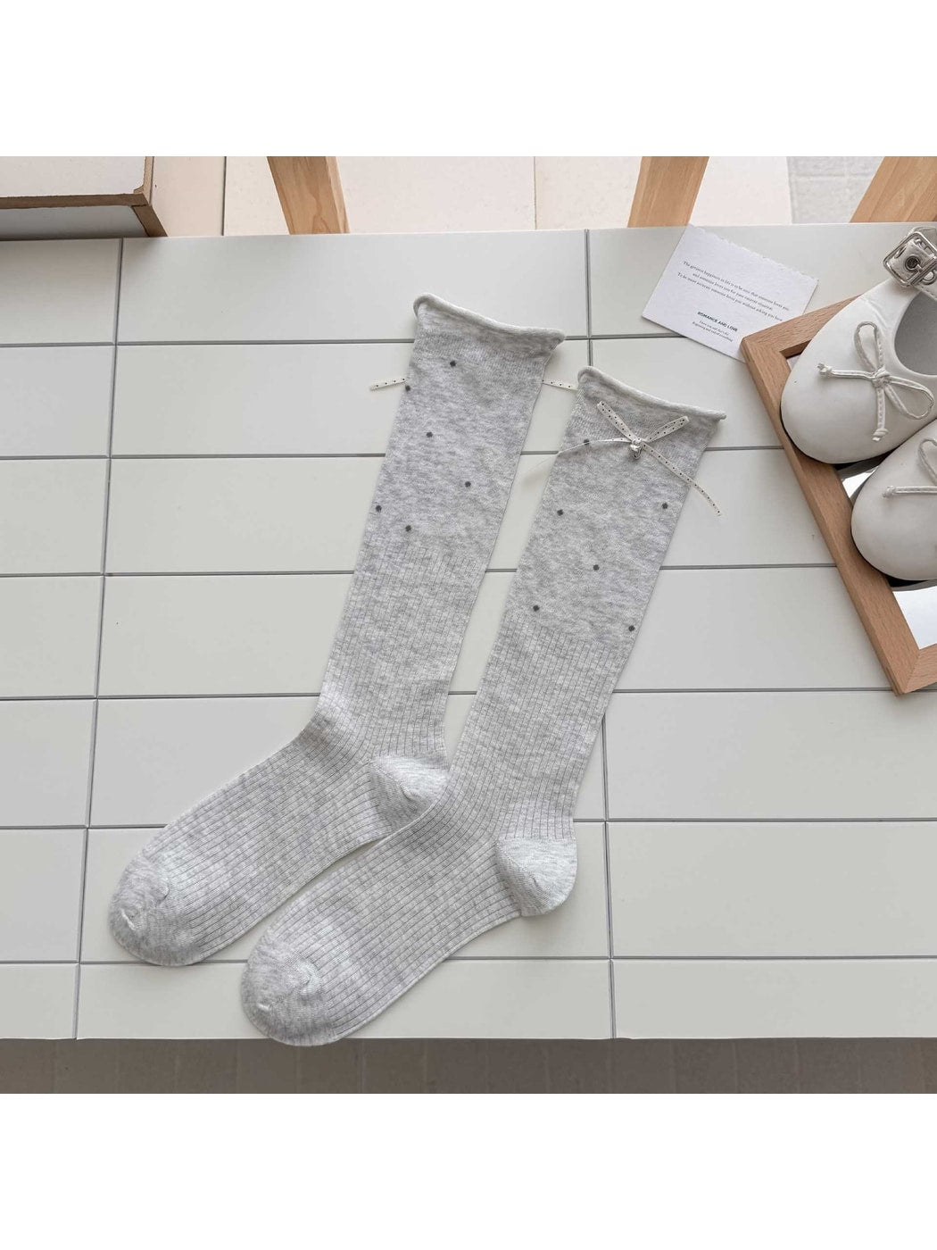 Rufia - Polka Dot Ribbon Bow Rolled Cuffs Knee High Socks