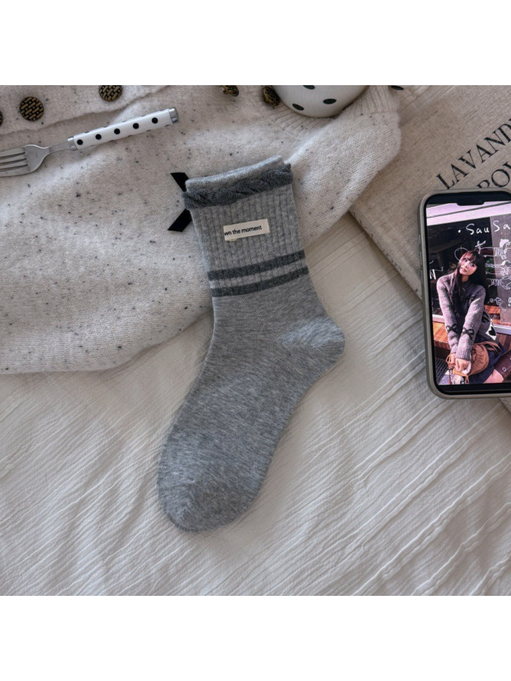 Rufia - Double-Stripe Ruffled-Cuff Crew Socks