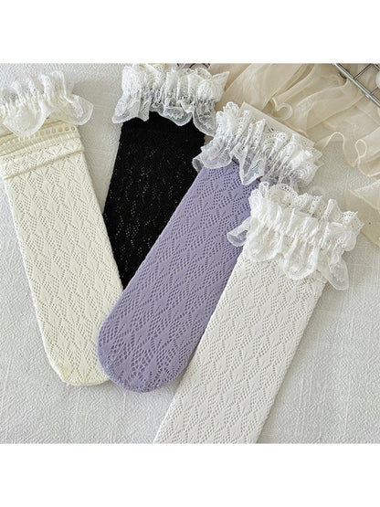 Rufia - Retro Lace Ruffle Trim Openwork Crew Socks