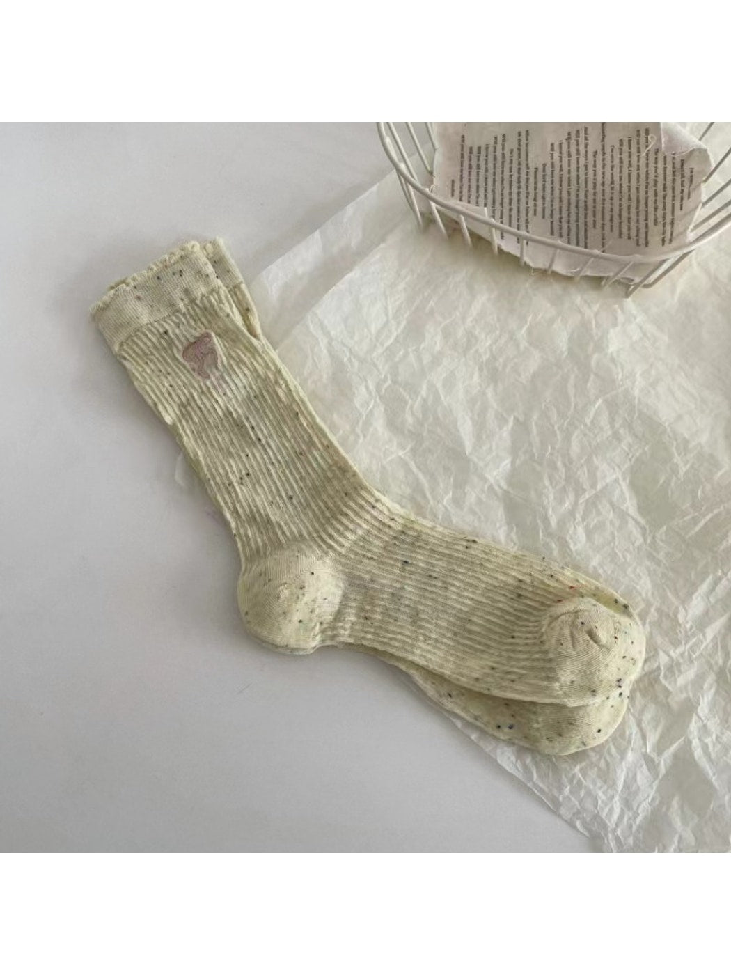Rufia - Bow Embroidered Ruffle Cuff Heathered Crew Socks
