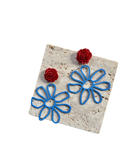 Earwish - Red Blue Flower Shaped Earrings