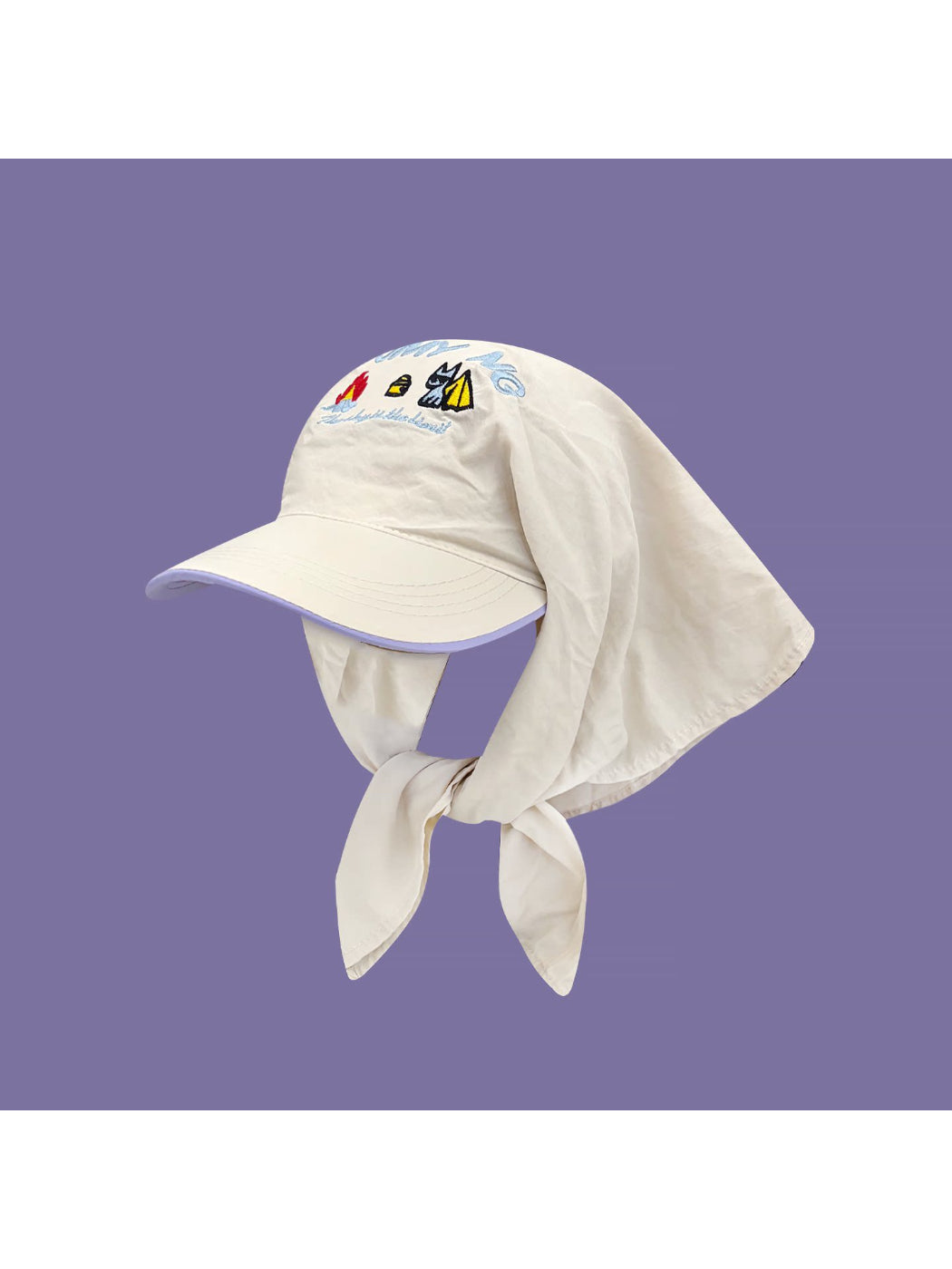 Top view of Haila cartoon embroidered turban hat highlighting fabric texture